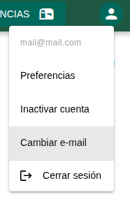 Menú de cuenta con la opción Cambiar e-mail